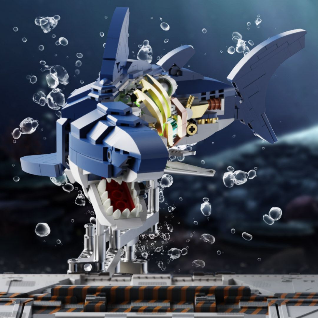 机械鱼拼装积木模型 半机械鲨鱼-687颗粒【关节可动+发光装置】 手摇版